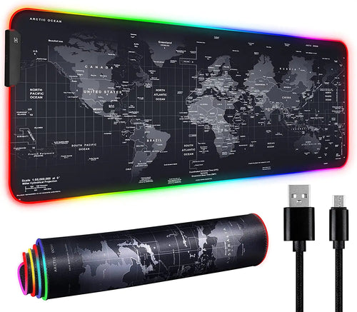 Extended RGB Gaming Mouse Pad with World Map Design 31.5x11.8 Inch Black