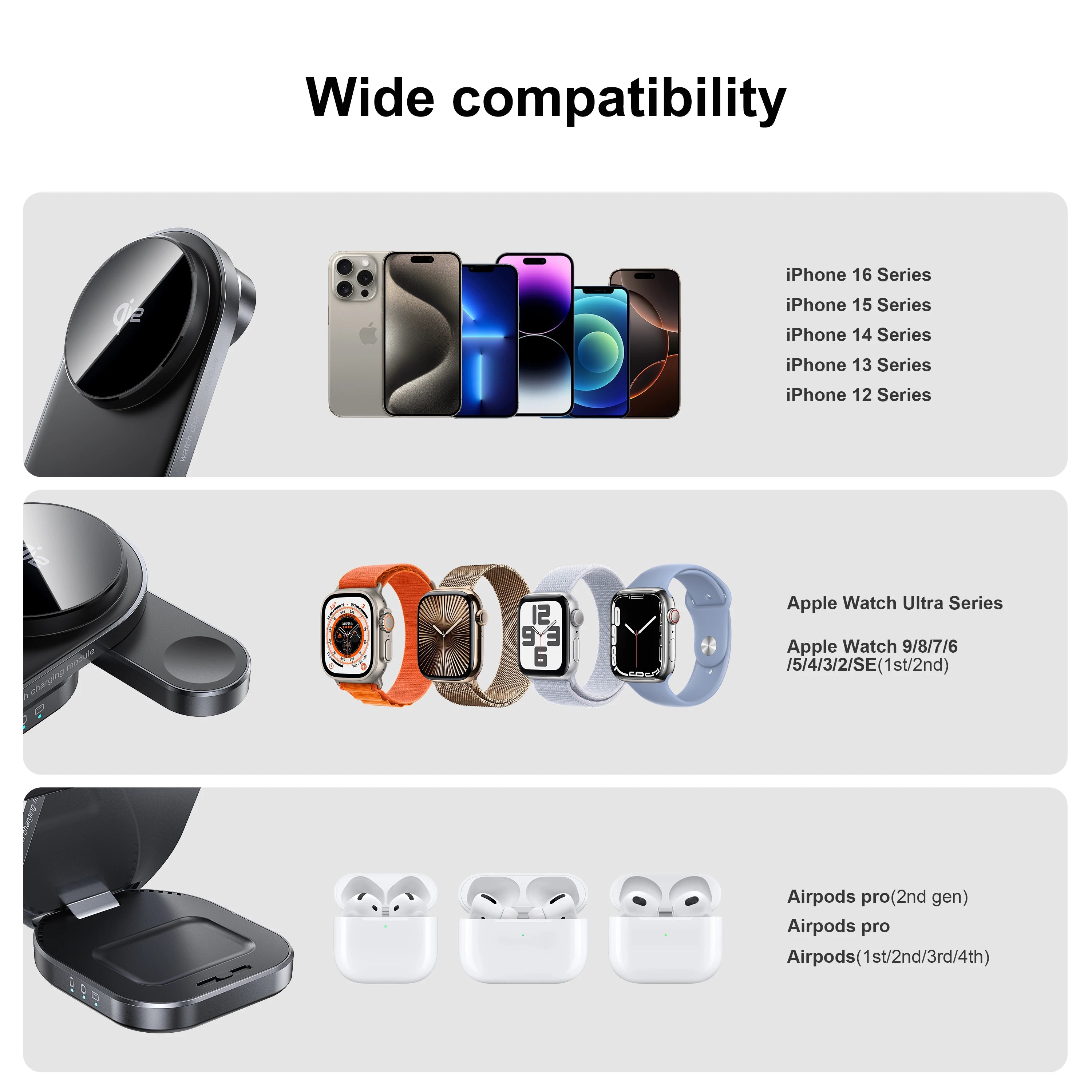 3 in 1 Wireless Charging Station 15W Fast Qi Charger for iPhone Samsung Black